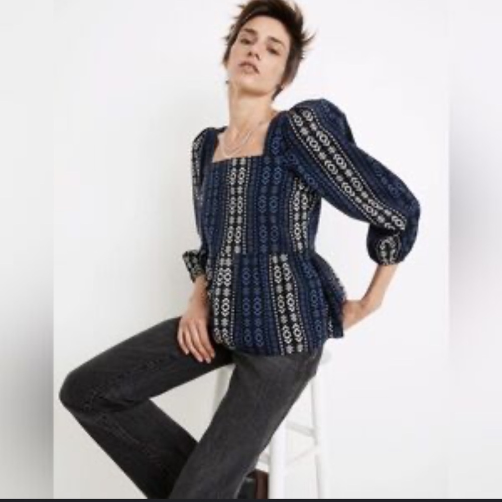 XL Madewell Blue and White Geometric Peplum Top - Picture 4 of 15